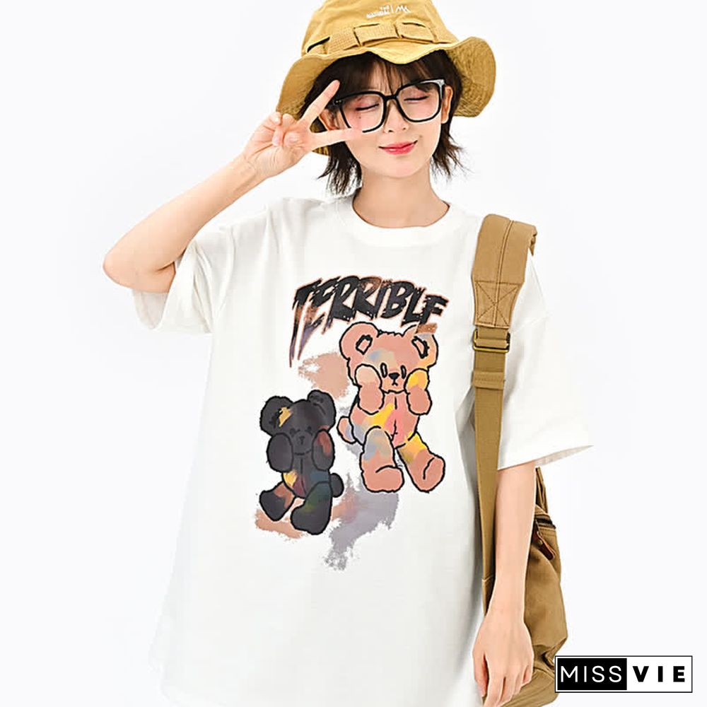 Cartoon Bear Letter Print Matching Best Friends Loose T-Shirt