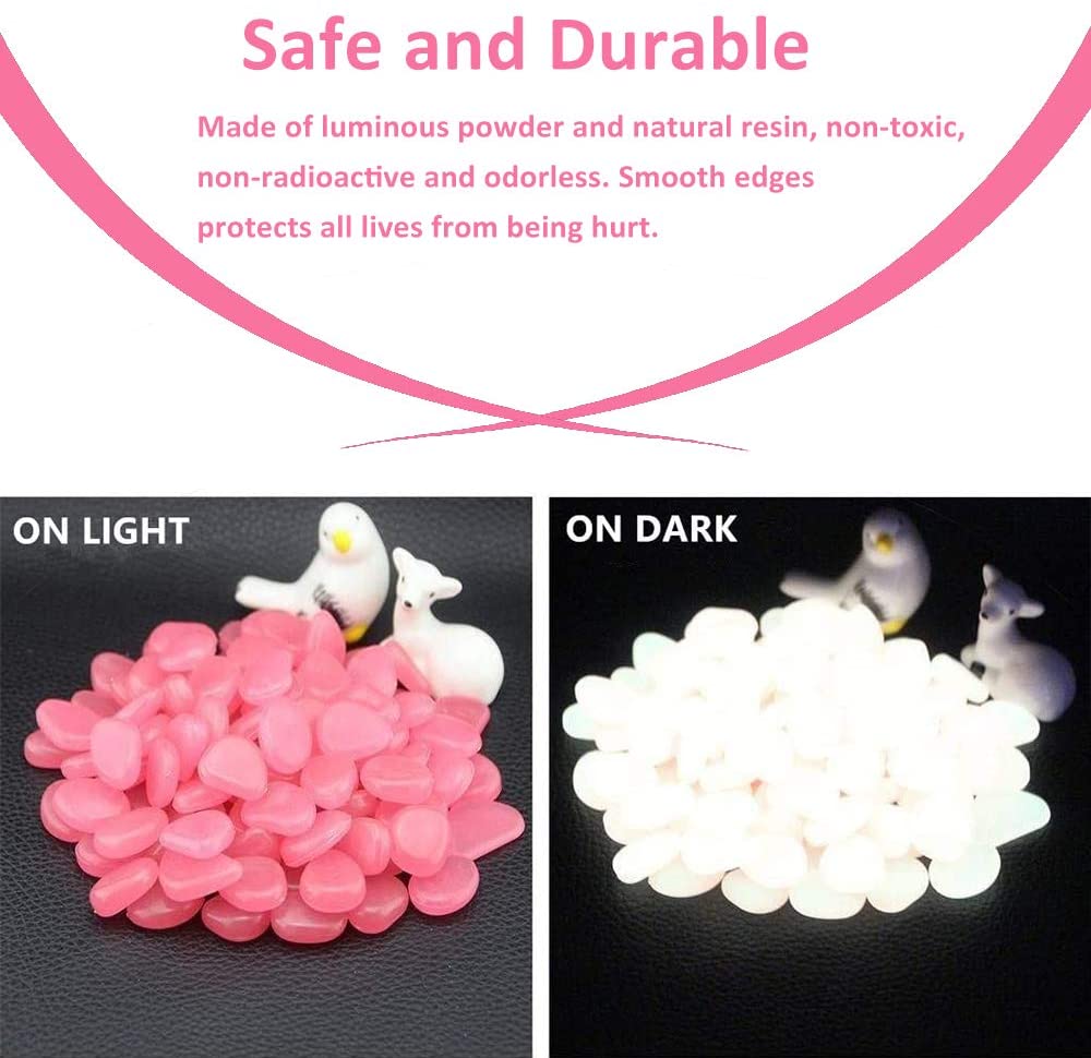 Baofu 100Pcs Luminous Stone Glow in The Dark Pebbles Rocks Decor for Walkway Yard Grass Fish Tank Pink