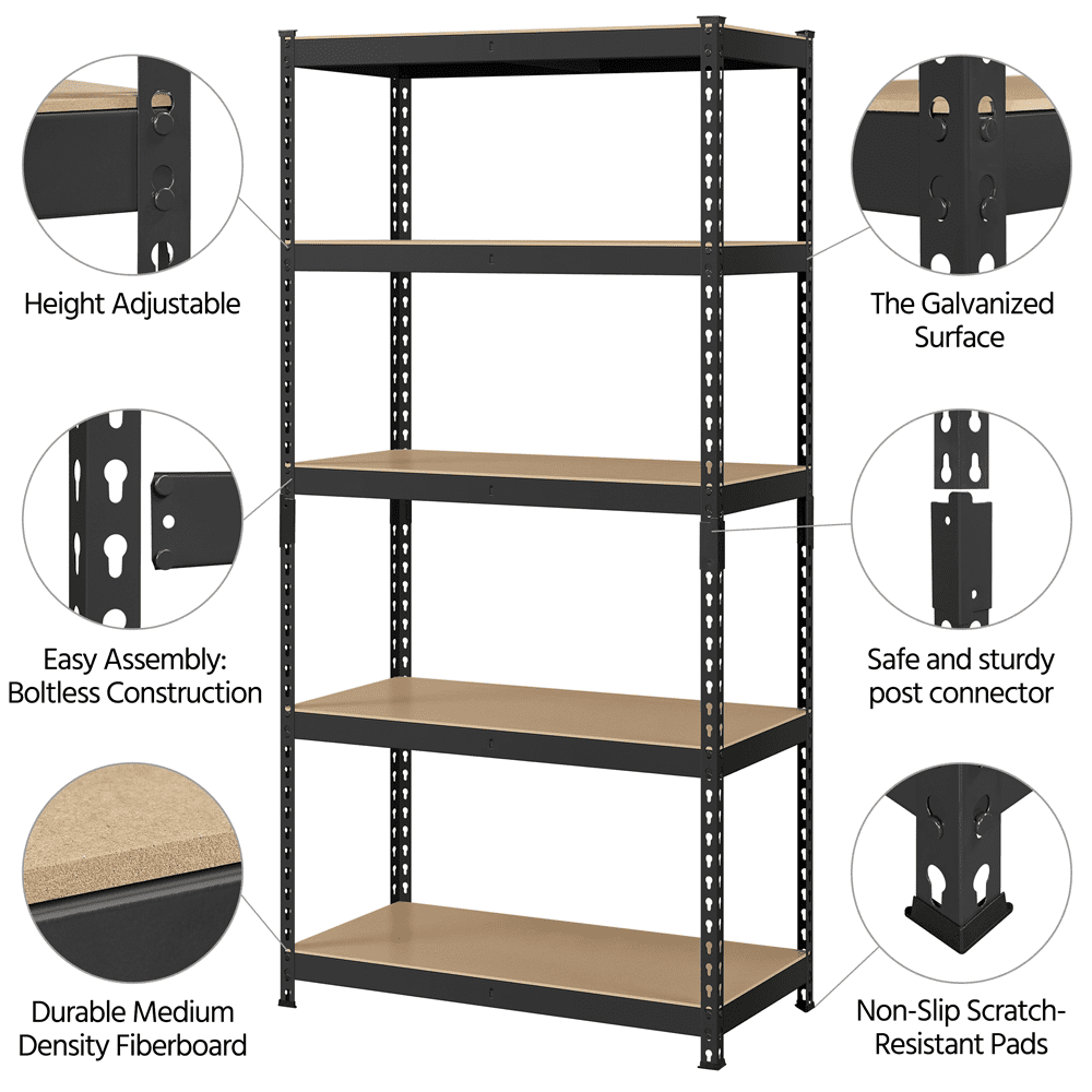 Topeakmart 4 Pieces of 5 Tiers Adjustable Metal Storage Shelving Heavy Duty Boltless Display Stand, Black