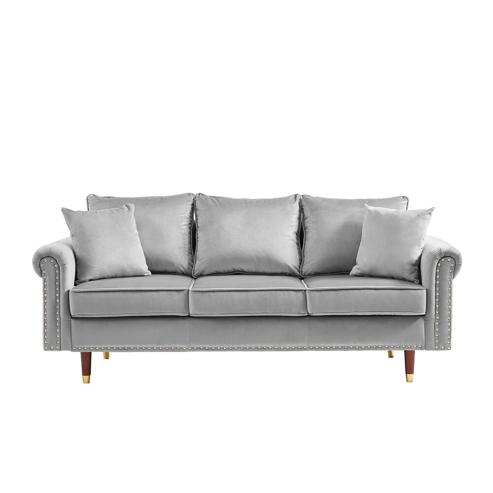 Velvet Sofa Couch With 2 Pillows  Modern 3 Seater Sofa With Wood Legs For Living Room And Bedroom