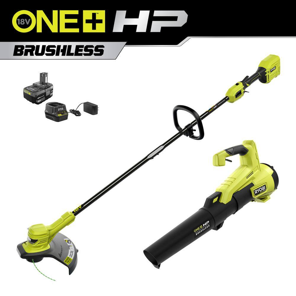 RYOBI ONE+ HP 18V Brushless Cordless Battery String Trimmer and Leaf Blower Combo Kit with 4.0 Ah Battery and Charger P20121