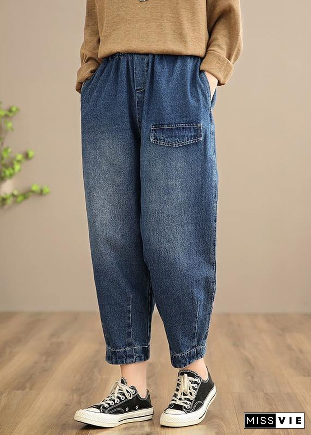 Handmade Spring Casual Pants Oversize Denim Blue-Rose Photography Elastic Waist Trousers