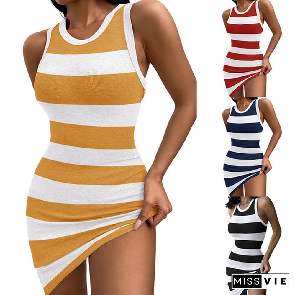 Summer Fashion Women Retro Striped O-neck Short Sleeve Slim Fit Temperament Dress