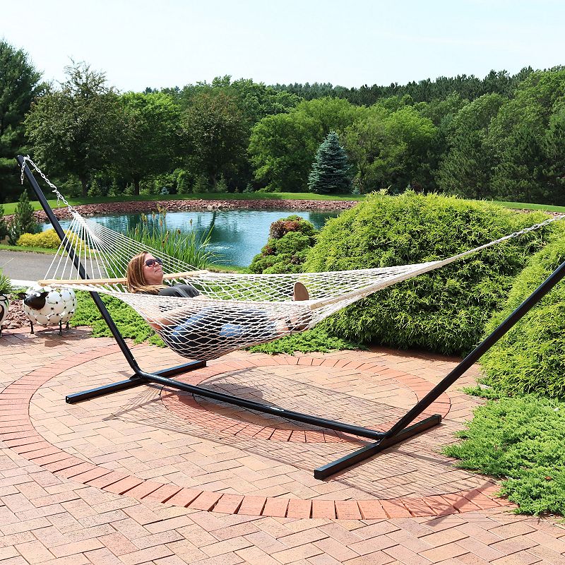 Sunnydaze 2-Person Polyester/Cotton Rope hammock with Steel Stand - Natural