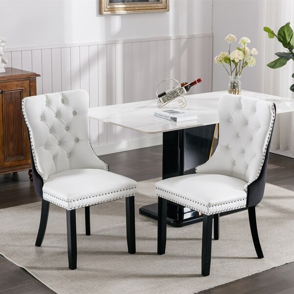 Modern， High-end Tufted Solid Wood Contemporary PU and Velvet Upholstered Dining Chair with Wood Legs Nailhead Trim 2-Pcs Set