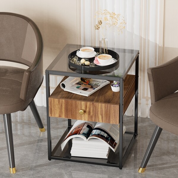 Modern Single-Drawer Glass End Table Bedside Nightstand Storage Table - 17