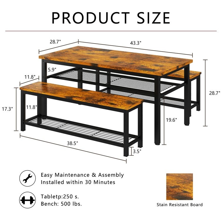 3 Piece Dining Table Set  4   Person Dining Set  Kitchen Dining Table with 2 Benches  Dining Room Table Set with Storage Rack