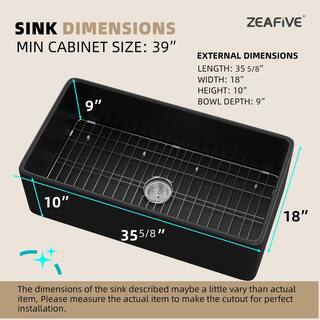 Zeafive 36 in. Fireclay Farmhouse Apron Front Single Bowl Kitchen Sink Matte Black With Bottom Grid and Strainer ZFC3618-B2