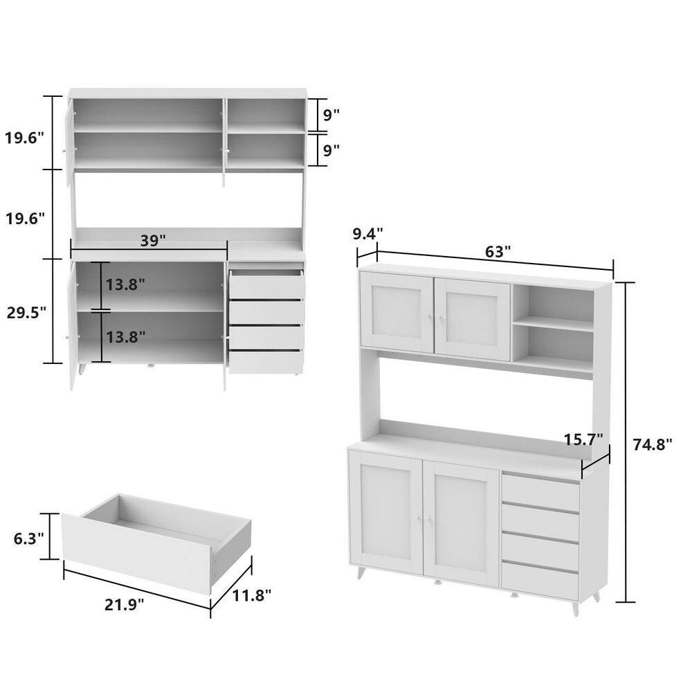 FUFUGAGA 63 in. W Kitchen Light Brown Wood Buffet Sideboard Pantry Cabinet with Glass Doors 4-Drawers Hooks Open Shelves KF210128-067