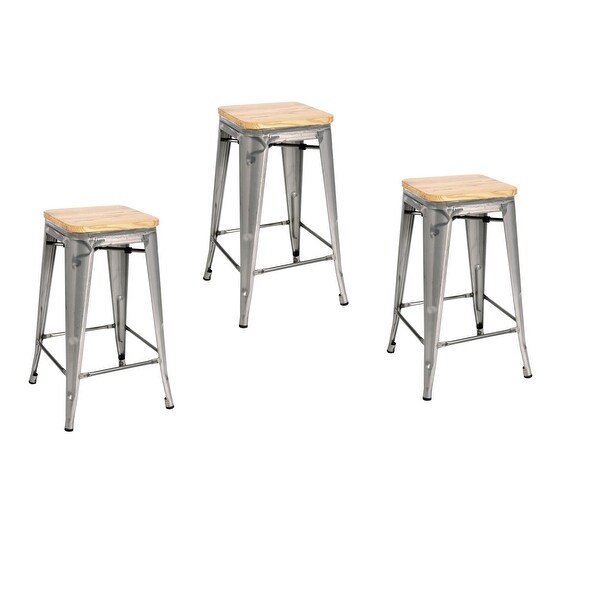 Metal Counter Stool With Wood Top in Natural (Set of 3) - 26