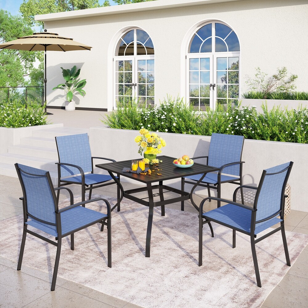 5 Piece Patio Dining Set  37 Inch Square Metal Table and 4 Textilene Dining Chairs