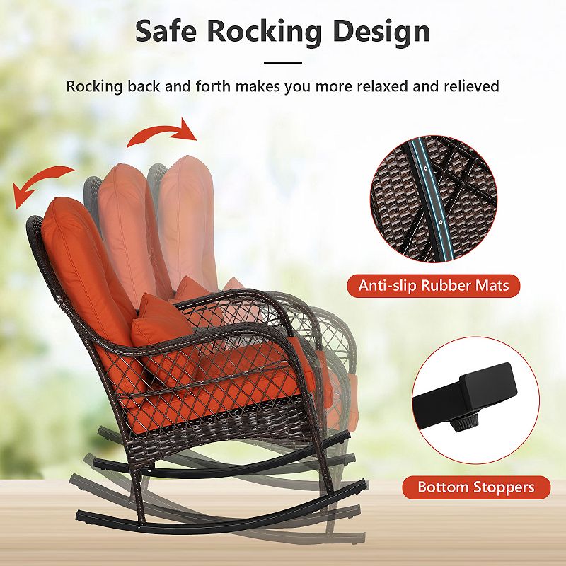 Patio Rattan Rocking Chair with Seat Back Cushions and Waist Pillow