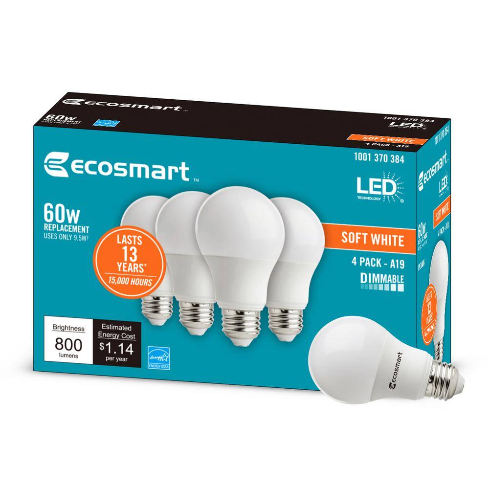 EcoSmart 60W Equivalent A19 Dimmable Energy Star LED Light Bulb Soft White (4-Pack) A7A19A60WESD01