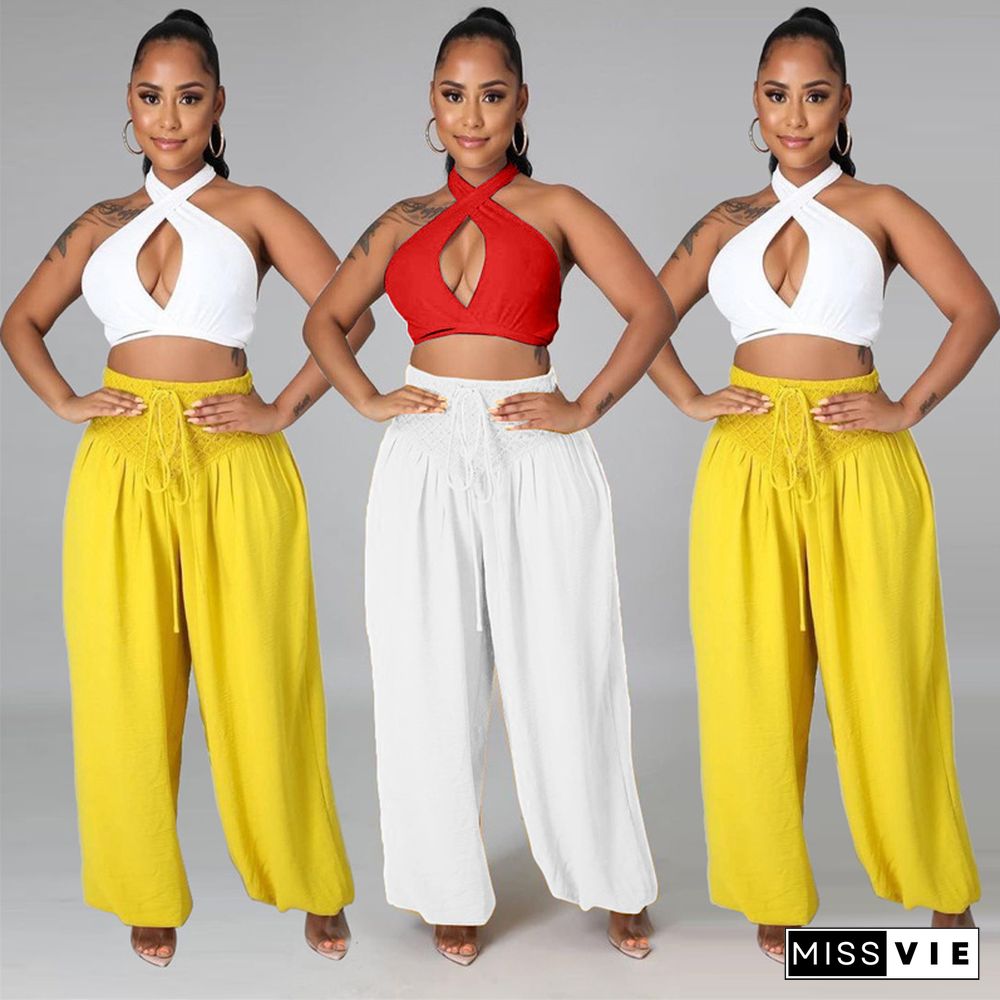 Solid Cross Halter Strapless Crop Top Wide Leg Pants 2 Pieces