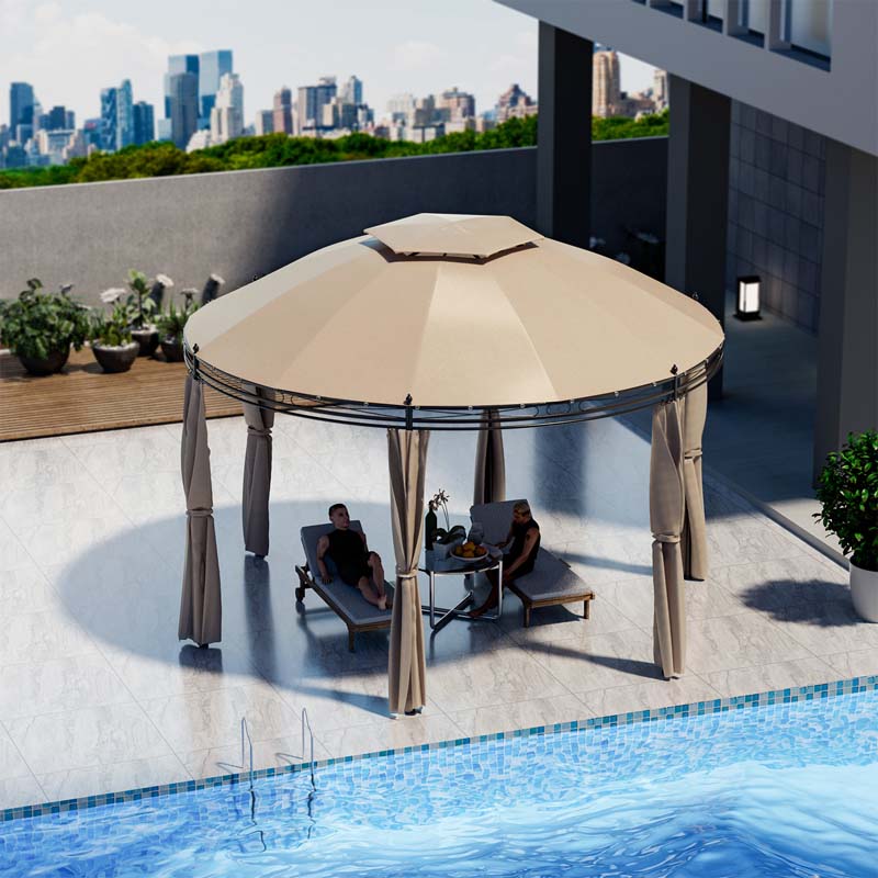 11.5 x 11.5 FT 2-Tier Steel Dome Round Gazebo Outdoor Patio Canopy Tent with Removable Curtains