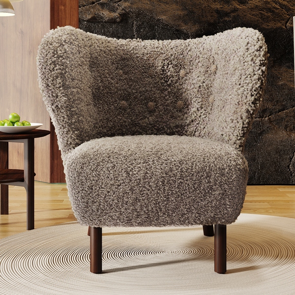 Modern Accent Chair with Lambskin Sherpa Wingback Tufted Side， Solid Wood Legs