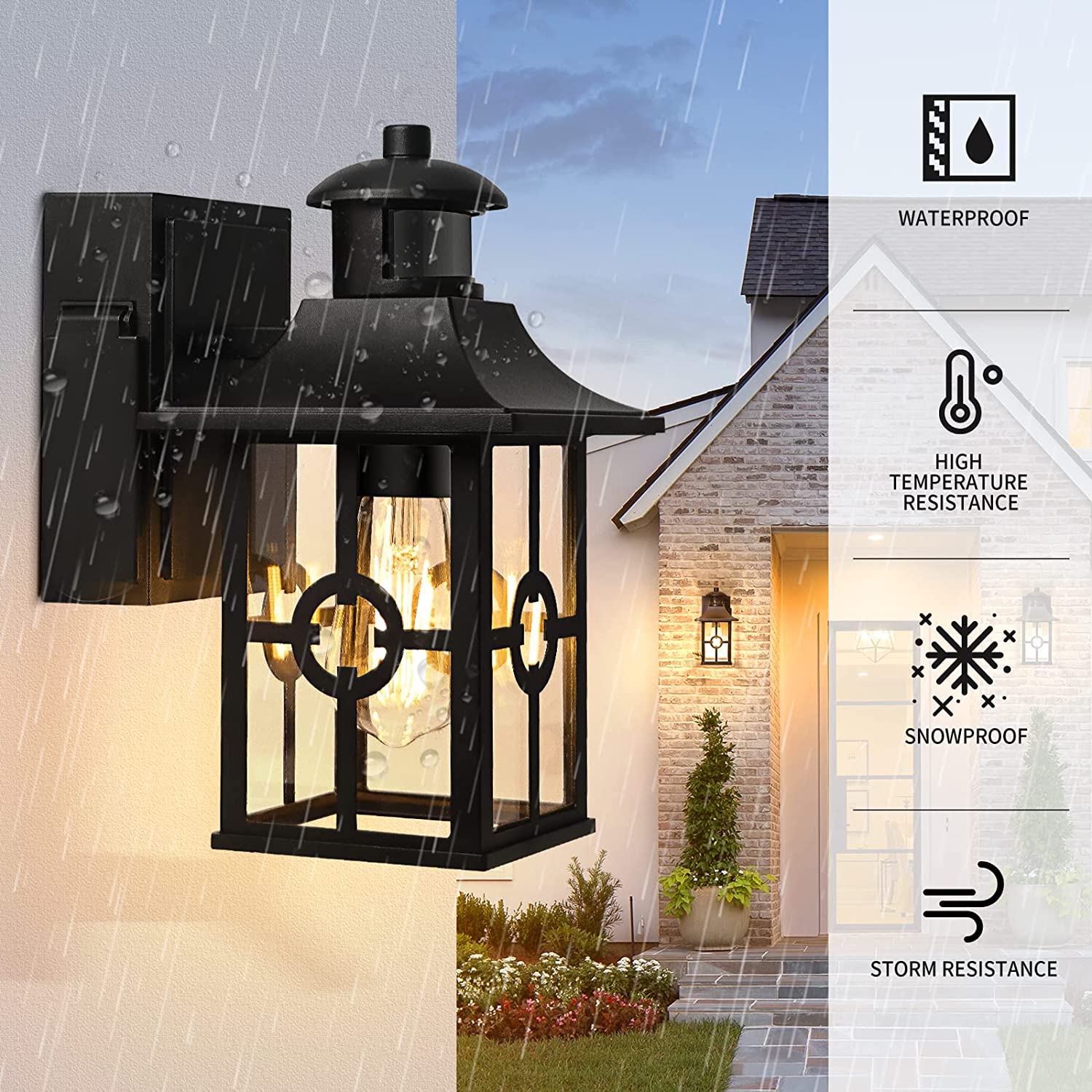 Outdoor Motion Sensor Porch Light with 2 GFCI Outlets， Dusk to Dawn Wall Light with 3 Lighting Modes for House， Waterproof AluminumandAnti-Rust Exterior Light Fixture for Balcony/Garage