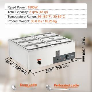 VEVOR 6-Pan Commercial Food Warmer 6 qt. x 8 qt. Electric Steam Table 1200 Watt Countertop Stainless Steel Buffet Bain Marie BWT668QT1200WEPJYV1