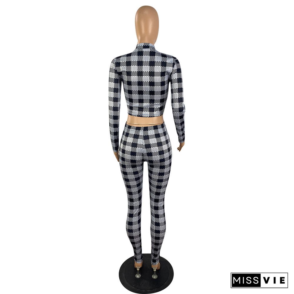 Plaid Crop Top Bodycon Pencil Pants Two Piece Set