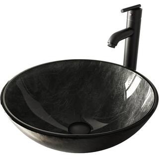 VIGO Glass Round Vessel Bathroom Sink in Onyx Gray with Seville Faucet and Pop-Up Drain in Matte Black VGT574