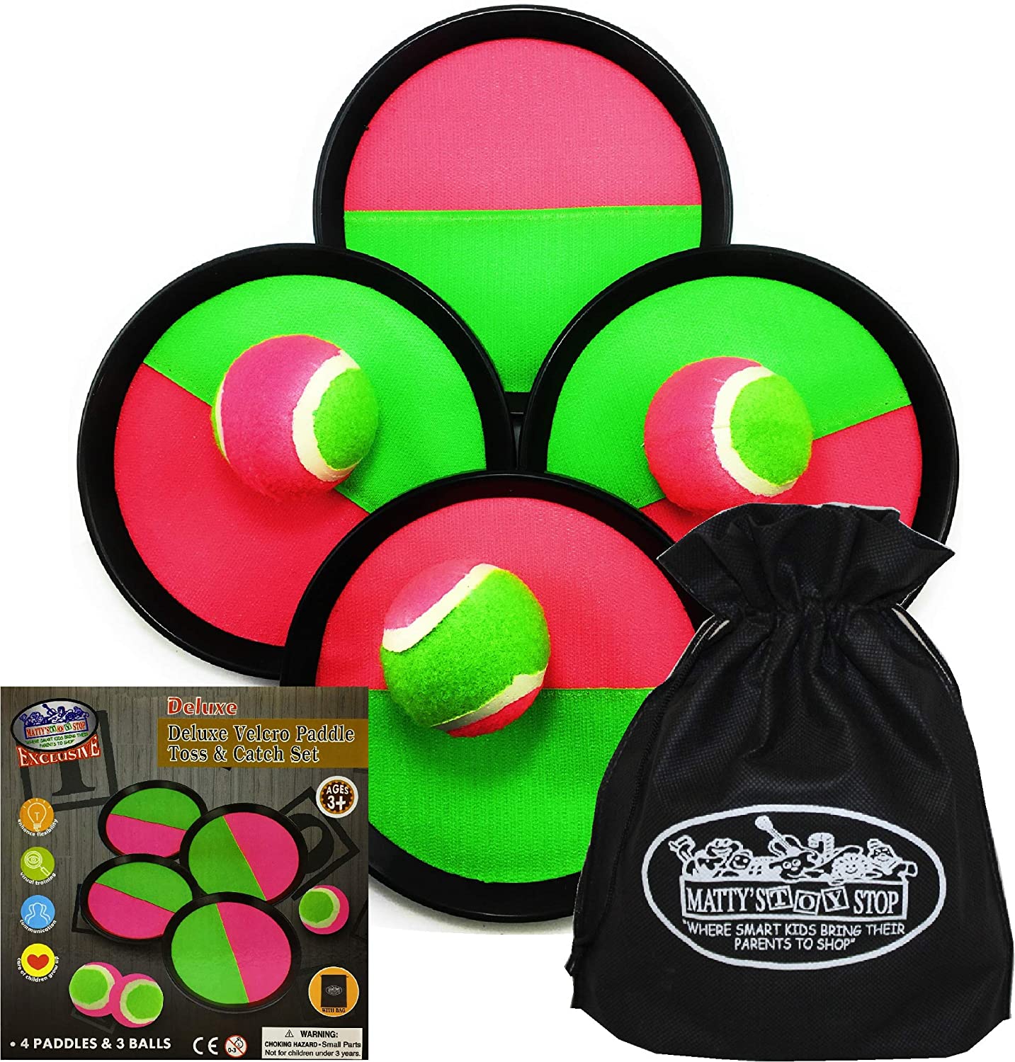 Matty's Toy Stop Deluxe Toss and Catch (Hook and Loop) Paddle Game Set with 4 Paddles， 3 Balls and Storage Bag