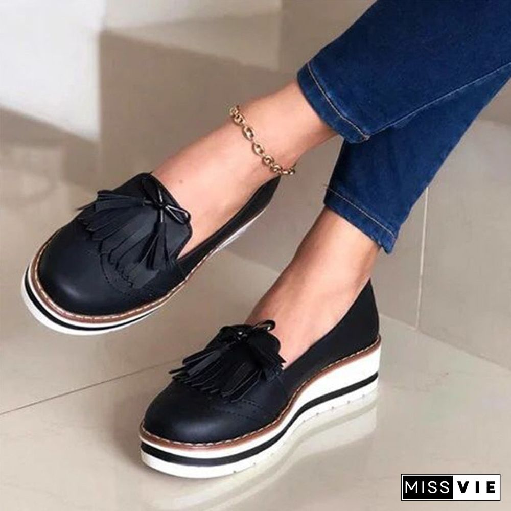 Women Tassel Bowtie Loafers Woman Slip On Sneakers Ladies Soft PU Leather Sewing Flat Platform Female Shoes All Seasons New