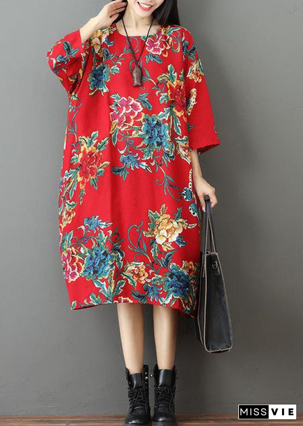 fine red prints Midi-length linen dress trendy plus size holiday o neck linen cotton dress