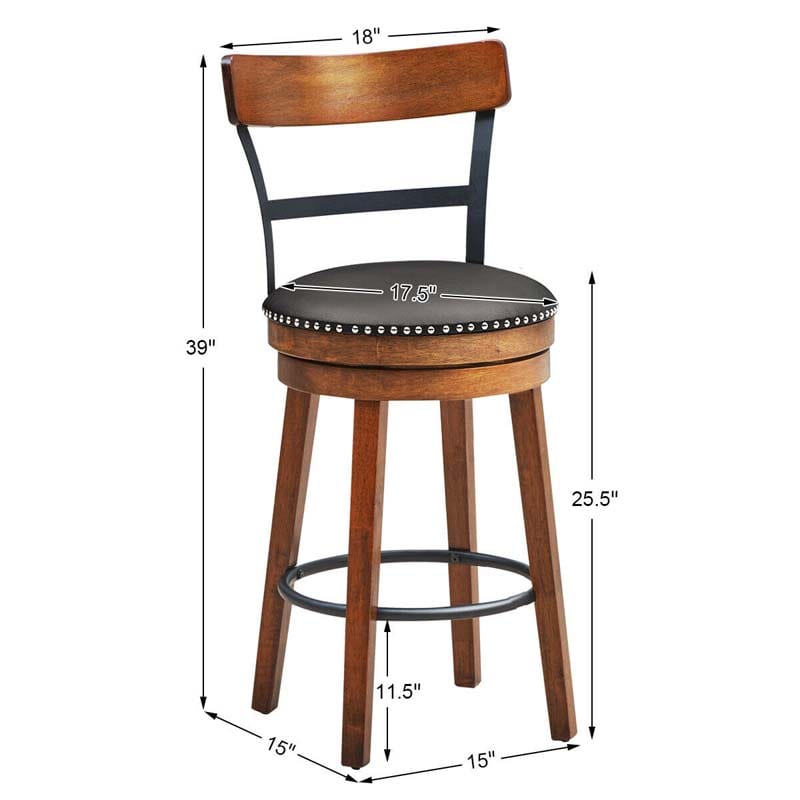 2-Pack 25.5 Wooden Swivel Bar Stools Counter Height Pub Kitchen Dining Chairs with Leather Padded Seat