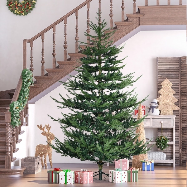 7.5 Foot Artificial Christmas Tree，Pine Hinged Xmas Tree with 1218 Realistic Branches，Steel Base，Auto Open，Green