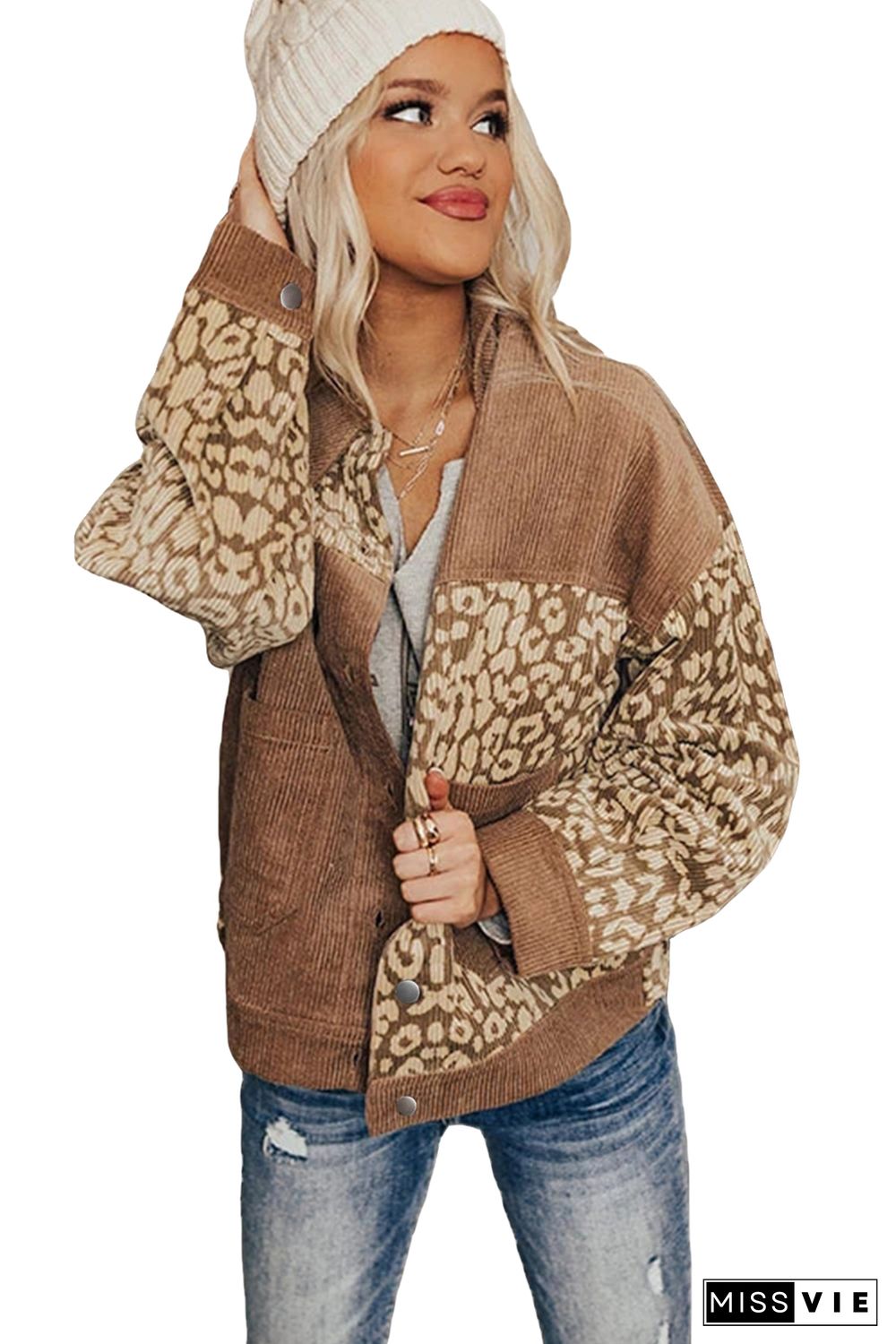 Brown Leopard Print Corduroy Long Sleeve Jacket