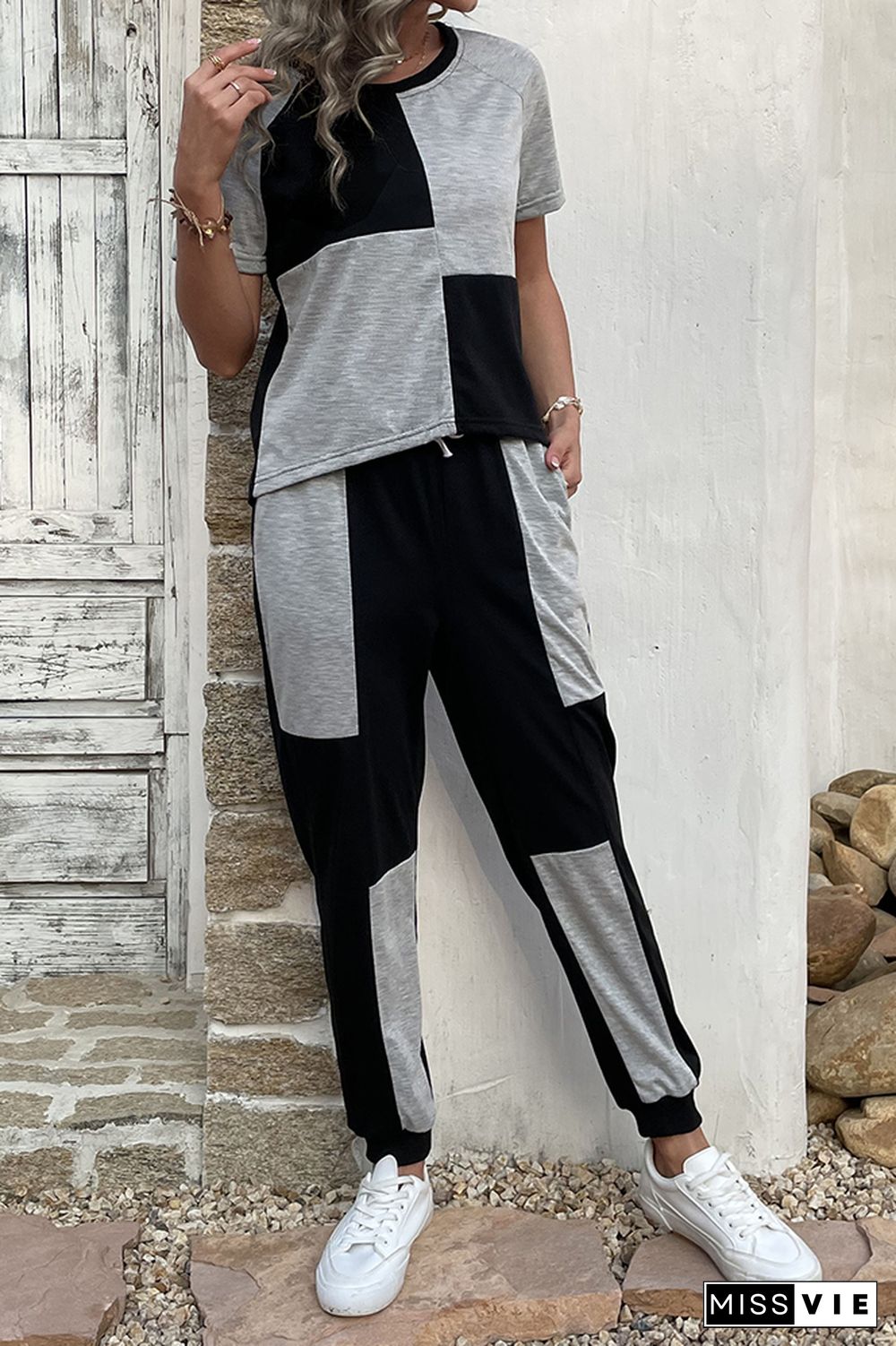 Black & Gray Patchwork Drawstring Top & Pants 2 Pcs Set Wholesale