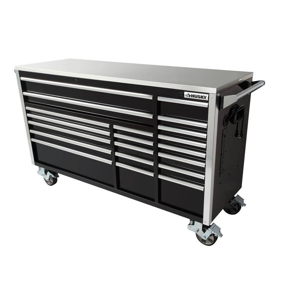 Husky 72 in. W x 245 in. D Professional Duty 20-Drawer Mobile Workbench with 2 Side Lockers and Top Hutch in Gloss Black HPROSUITE4