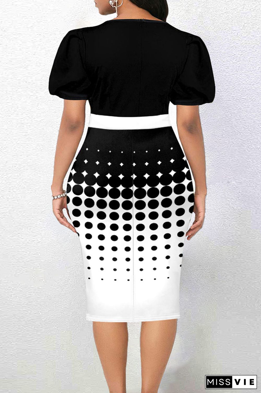 Elegant Print Bandage Patchwork O Neck Pencil Skirt Plus Size Dresses