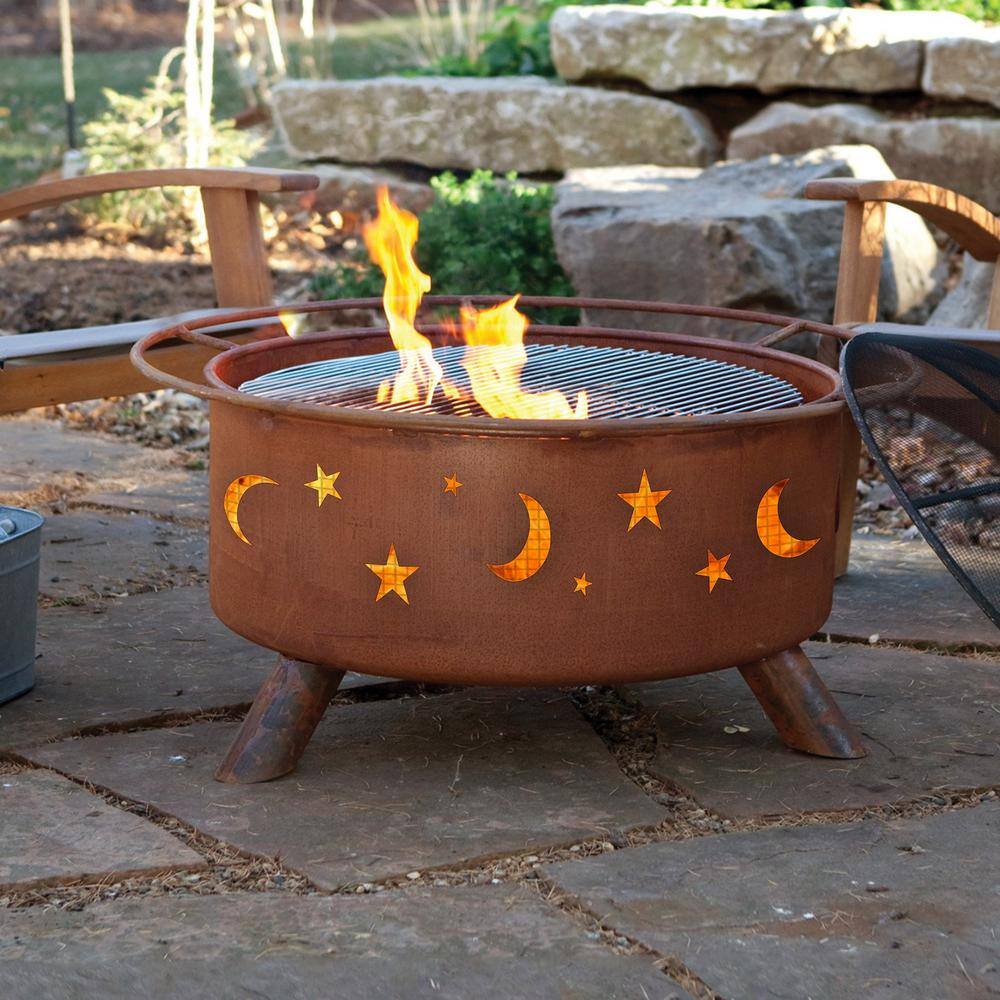 Evening Sky 29 in. x 18 in. Round Steel Wood Burning Fire Pit in Rust with Grill Poker Spark Screen and Cover F100