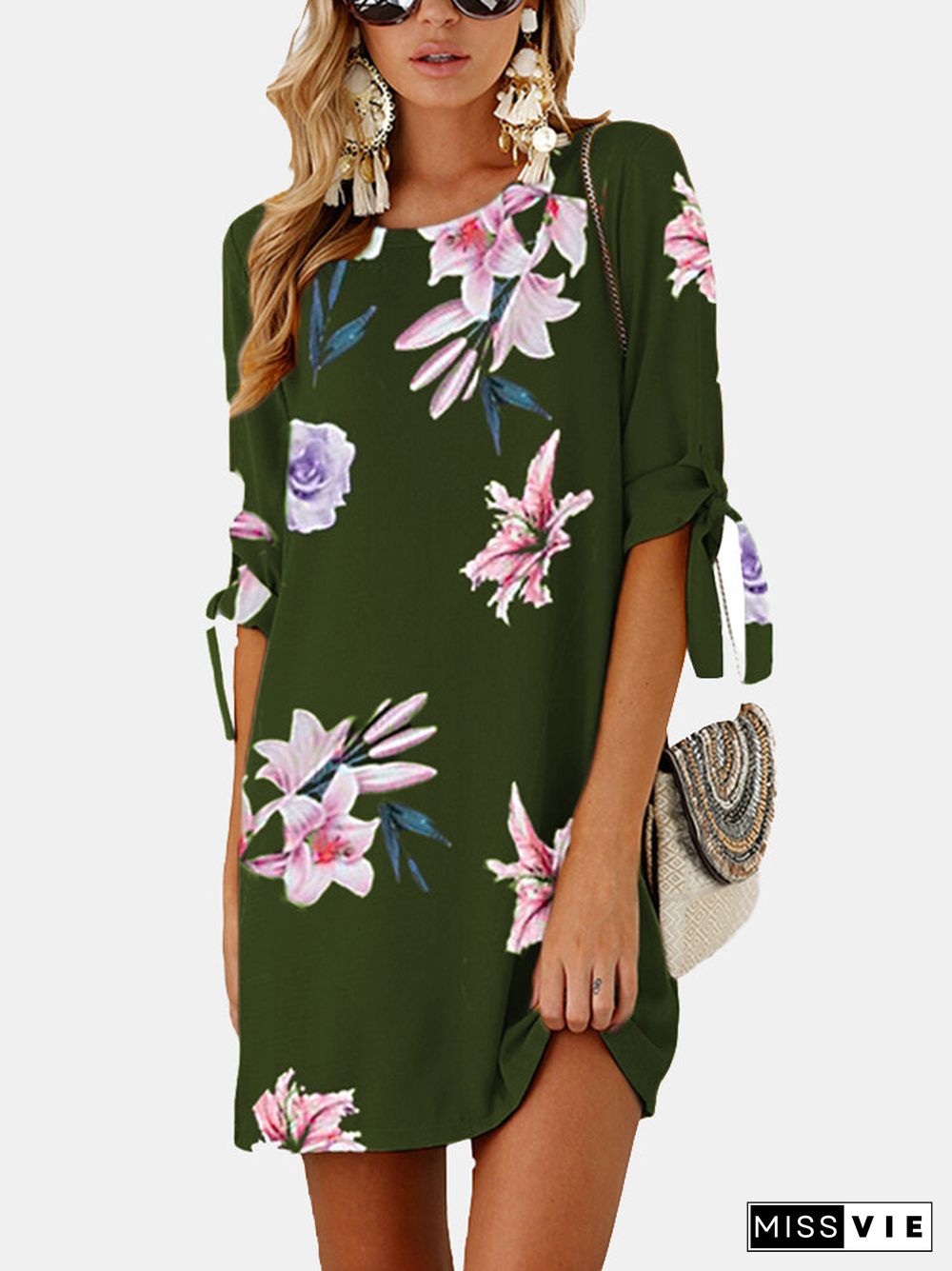 Floral Printed O-neck Half Sleeve Midi Dress