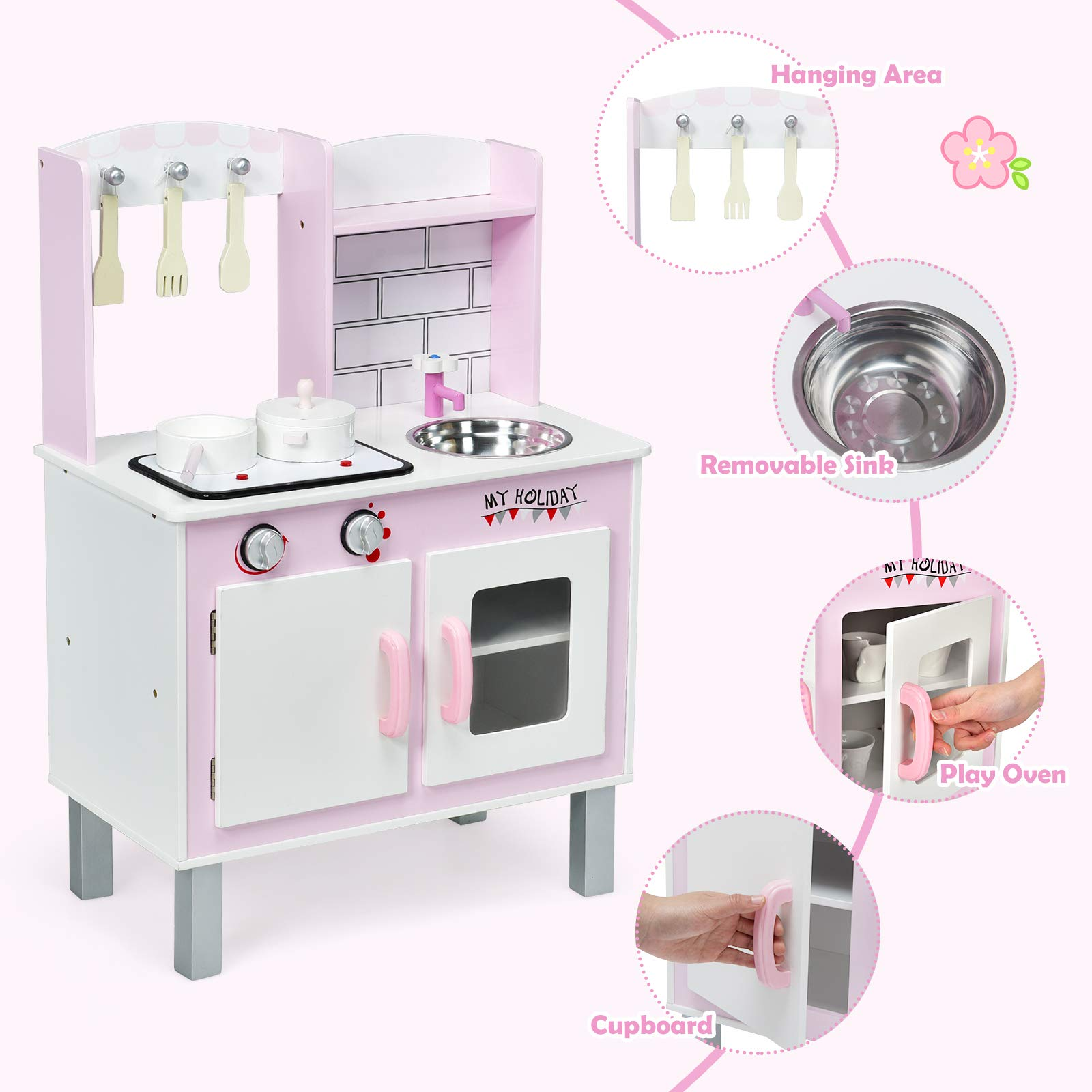 Costzon Kids Kitchen Playset, Wooden Pretend Play Cooking Set with Realistic Lights & Sounds (Pink)