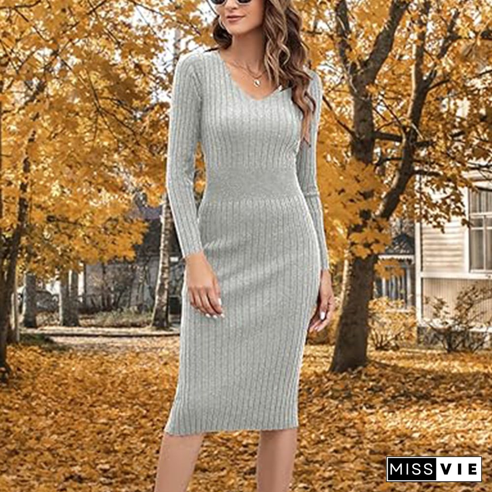 Grey Plain V-Neck Sweater Midi Dress