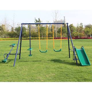 Tidoin 149 in. W x 118 in. D x 73 in. H Multi-Colored A-Frame Metal Multi-Person Swing Set with Slide AOK-YDW1-516