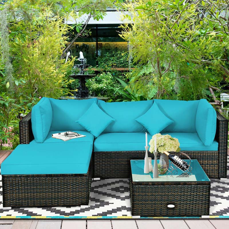 5 Pcs Outdoor Patio Rattan Furniture Sectional Sofa Set Wicker Conversation Set with Cushions