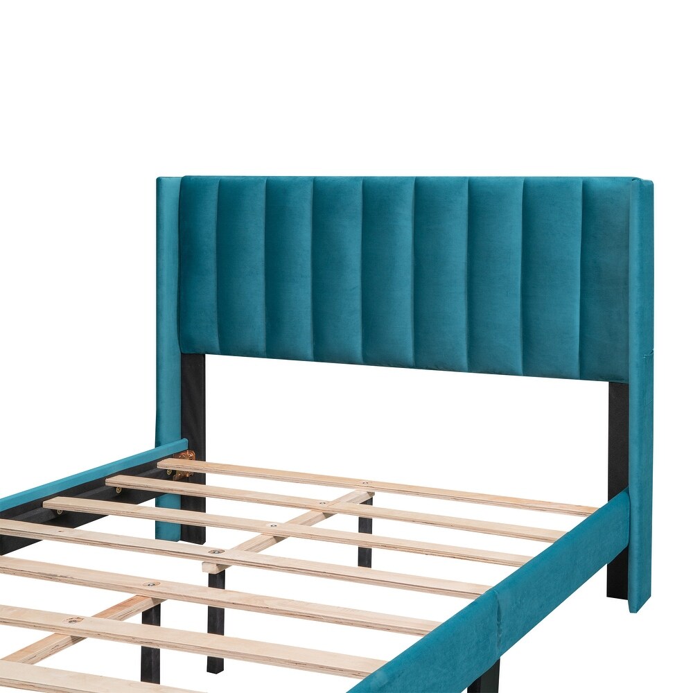 Full Size Velvet Upholstered Platform Bed with A Big Drawer  Wood Storage Bed Frame w/ High Wingback  No Box Spring Needed  Blue