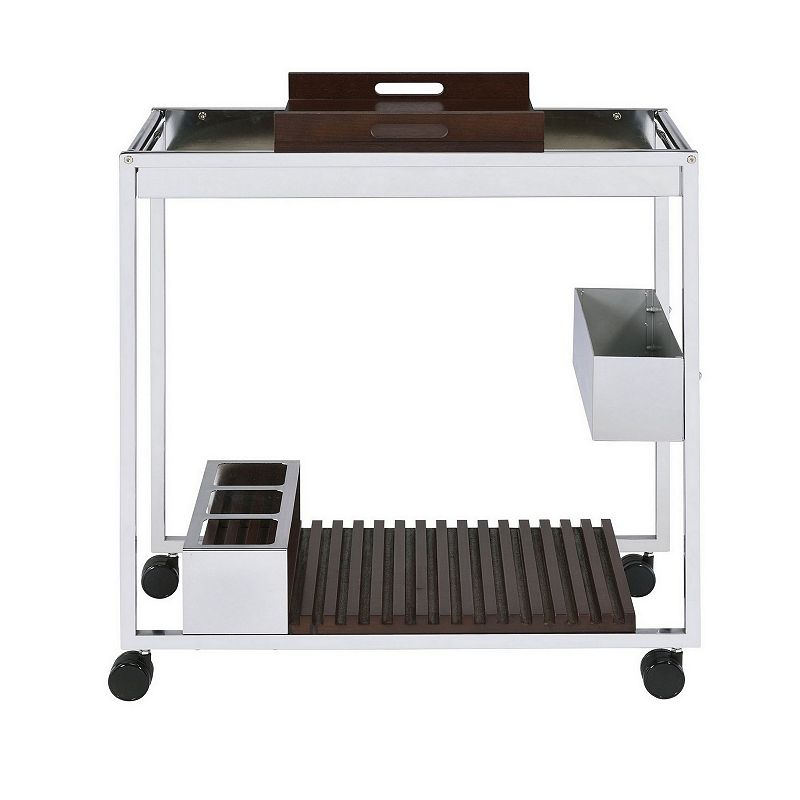 Metal and Wood Serving Cart with Tray and Floating Shelf， Brown and White