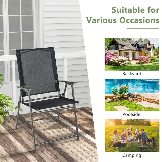 Costway 2pcs Patio Folding Portable Dining Chairs Metal Frame Armrests Garden Outdoor