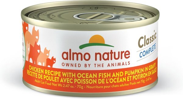 Almo Nature Classic Complete Premium Chicken Recipe with Ocean Fish and Pumpkin in Gravy Grain-Free Wet Cat Food， 2.47-oz can， case of 12