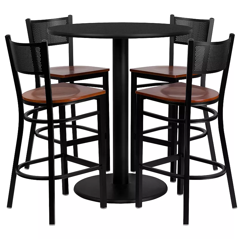 Emma and Oliver 36 Round Black Laminate Table Set， 4 Grid Back Metal Barstools