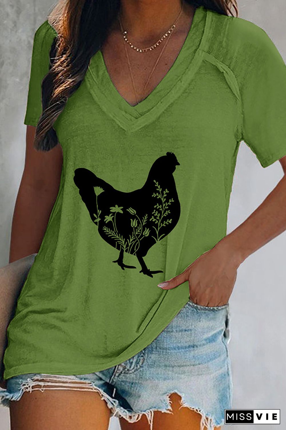 Floral Chicken V Neck Graphic Tee