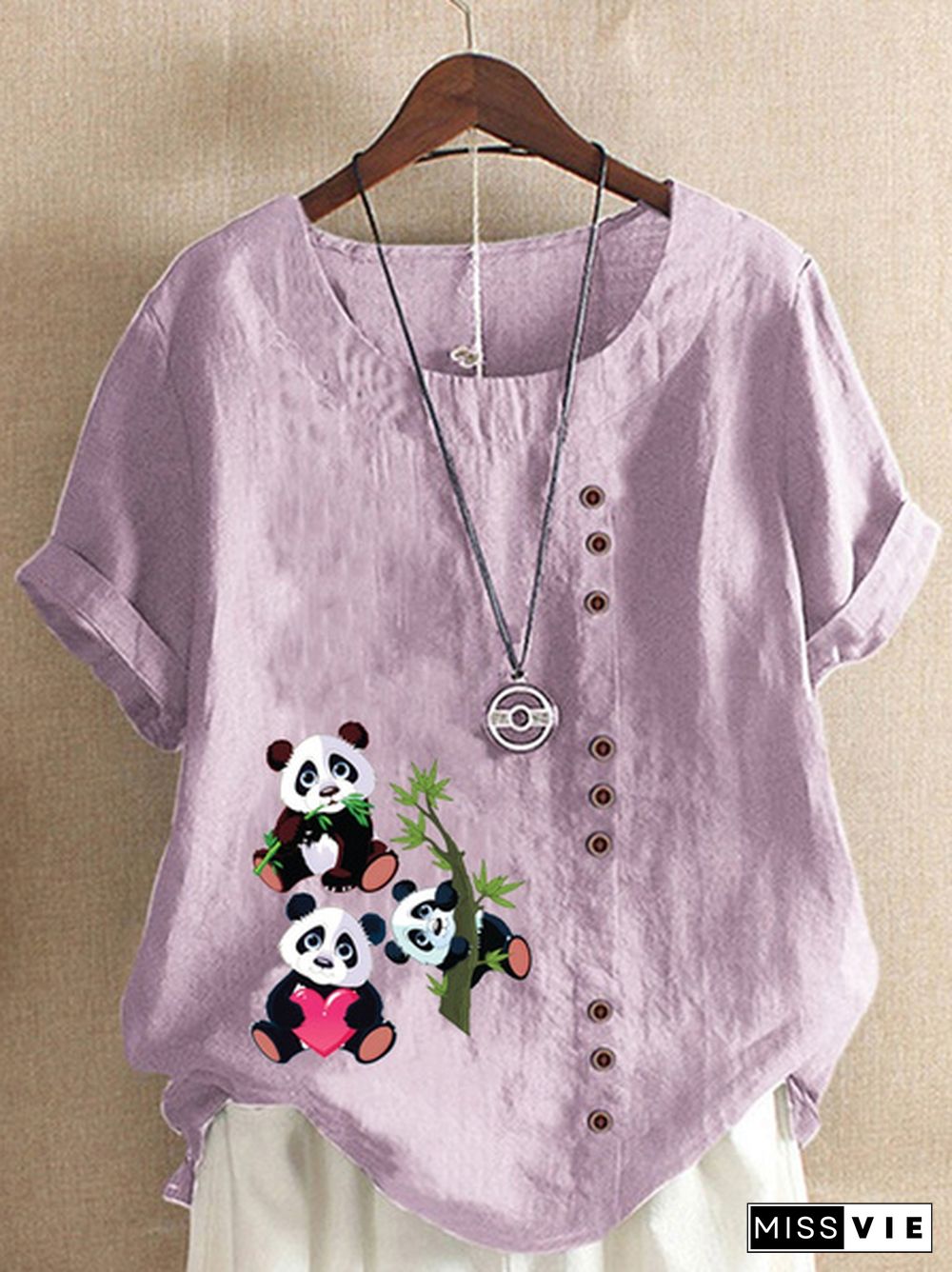 Women's Summer New Fashion Panda Print Round Neck Short-sleeved T-shirt Casual Loose Solid Color Shirt Top Plus Size