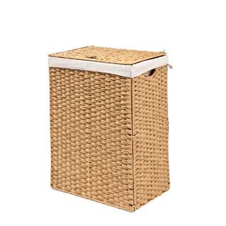 Seville Classics Lidded Rectangular Tan Collapsible Plastic Wicker Laundry Hamper Basket with Washable Liner WEB655