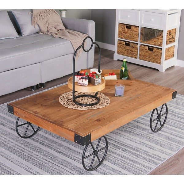 Sophia and William Rustic Coffee Table with Metal Wheels