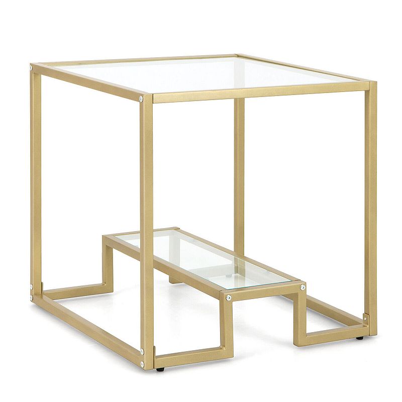 22 Inch 2-tier Square Sofa Side Table With Tempered Glass Tabletop