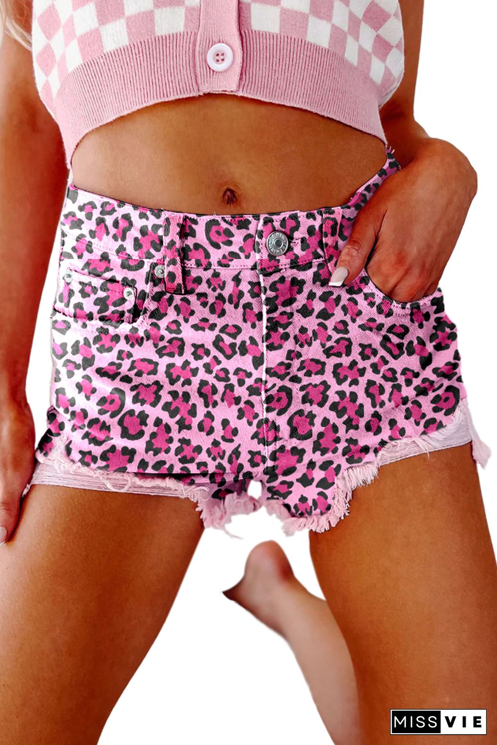 Pink Leopard Print Raw Hem Denim Shorts